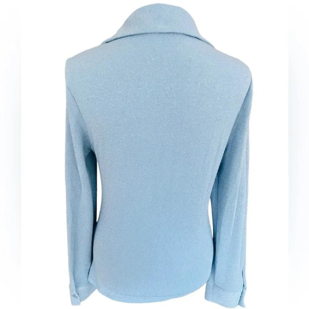 NWOT ZARA Sparkle Ruched Button Front Cutout Long Sleeve Blouse Light Blue Sz S